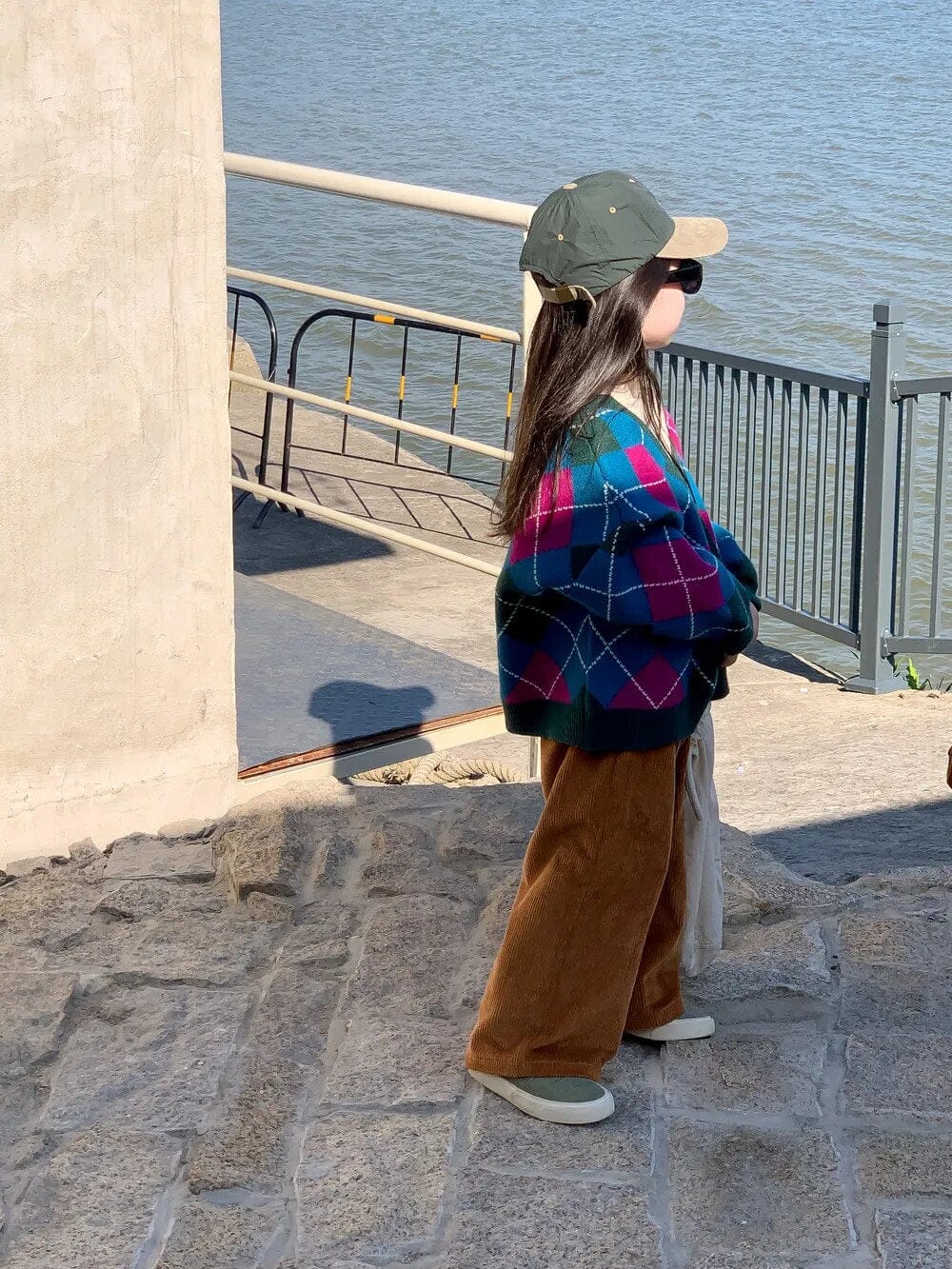 カーディガン・パーカー キッズベスト カーディガン アーガイルチェック レトロ ニットブルーグリーン ユニセックス 男の子 女の子 子供服 7075