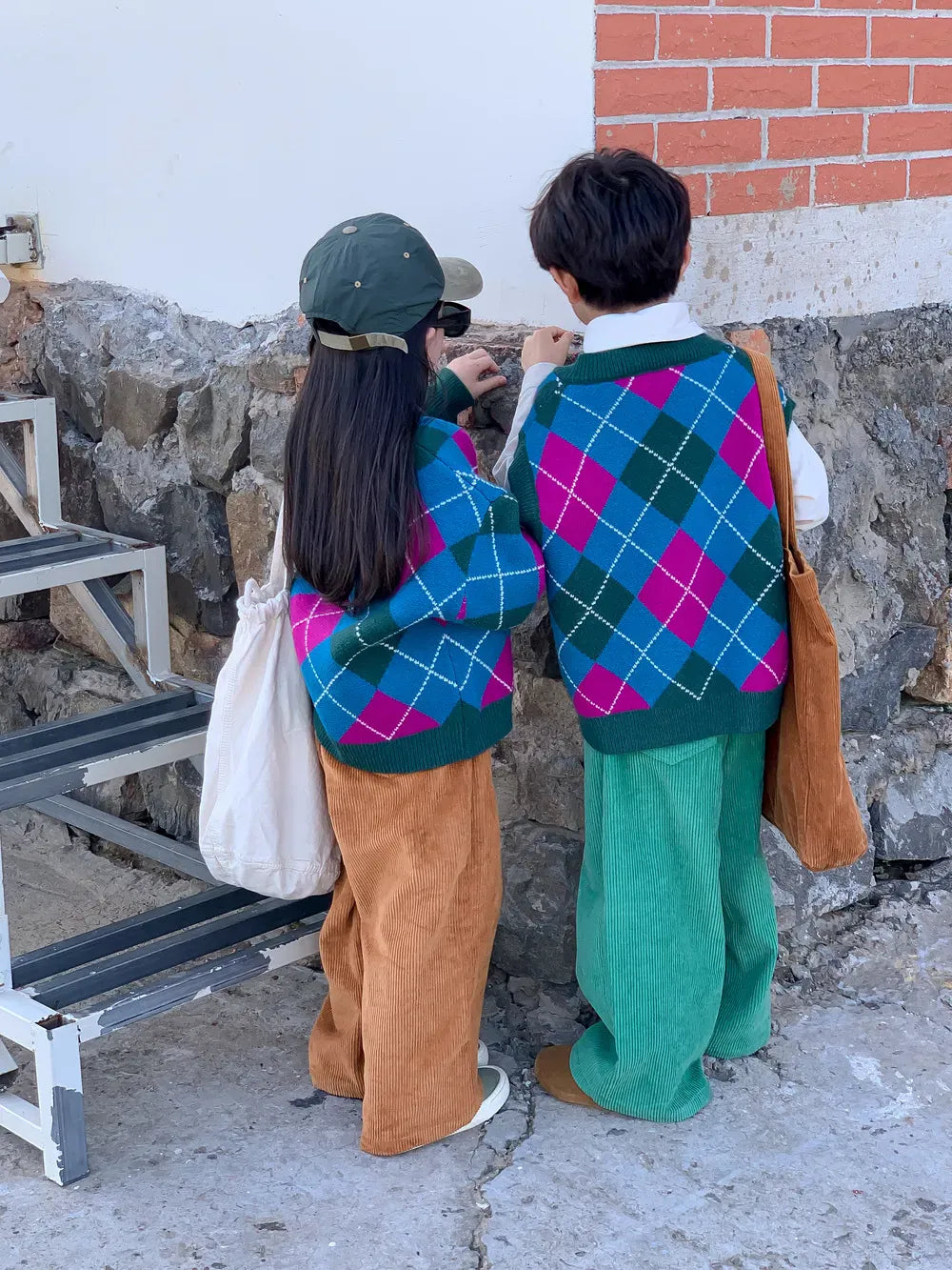 カーディガン・パーカー キッズベスト カーディガン アーガイルチェック レトロ ニットブルーグリーン ユニセックス 男の子 女の子 子供服 7075