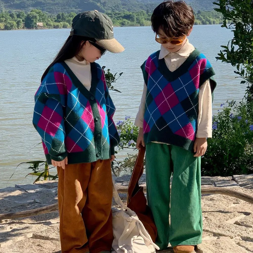 カーディガン・パーカー キッズベスト カーディガン アーガイルチェック レトロ ニットブルーグリーン ユニセックス 男の子 女の子 子供服 7075