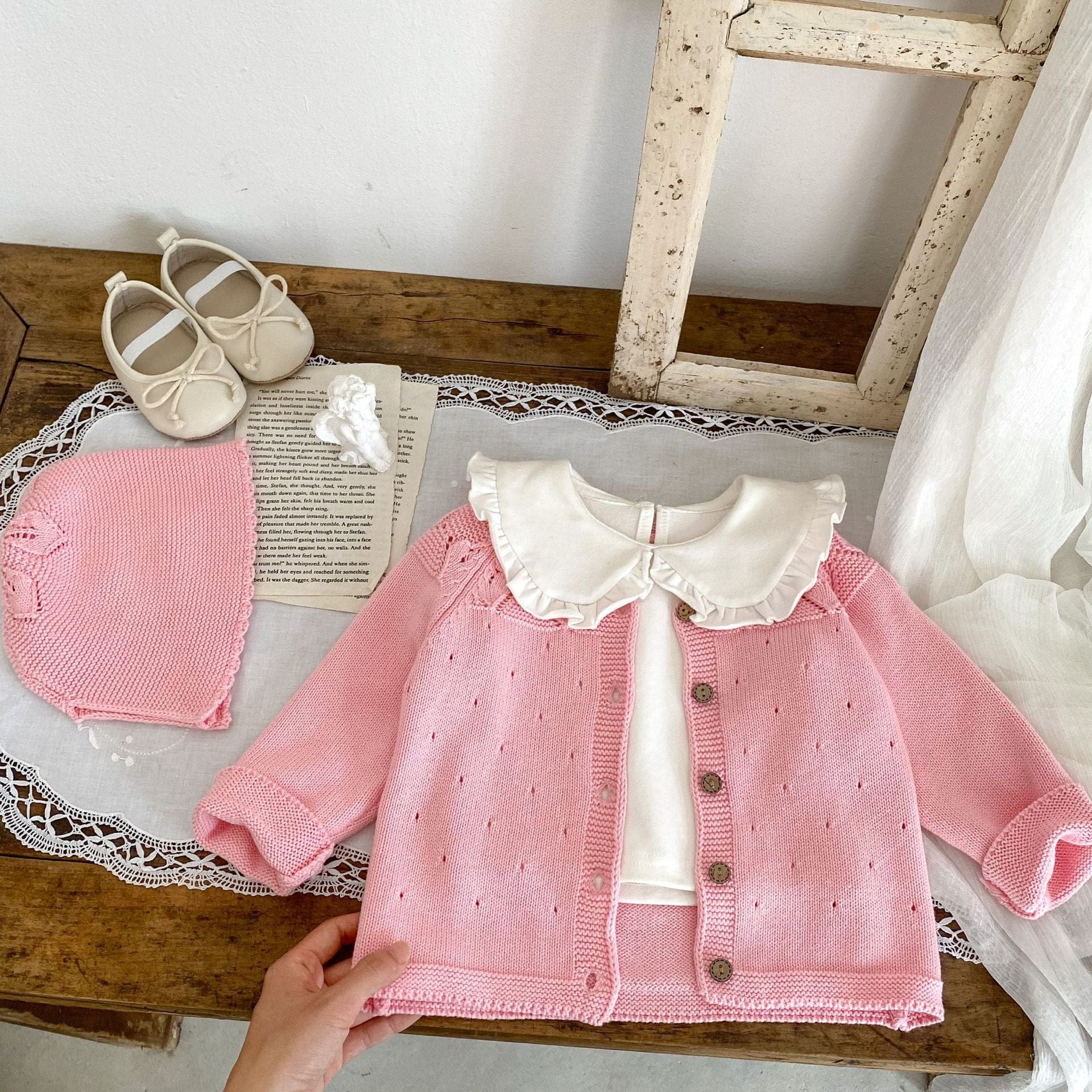 カーディガン・パーカー ベビー カーディガン レギンスパンツ ボンネット 単品 レースニット 帽子 ピンク ガールズ 女の子 子供服 7809