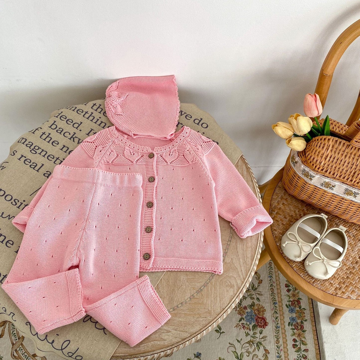 カーディガン・パーカー ベビー カーディガン レギンスパンツ ボンネット 単品 レースニット 帽子 ピンク ガールズ 女の子 子供服 7809