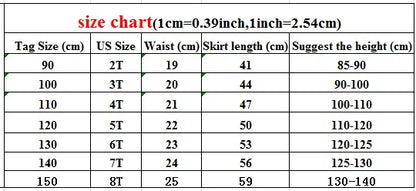 サイズ表（cm）：ウエストとスカート丈、タグ90〜150の目安