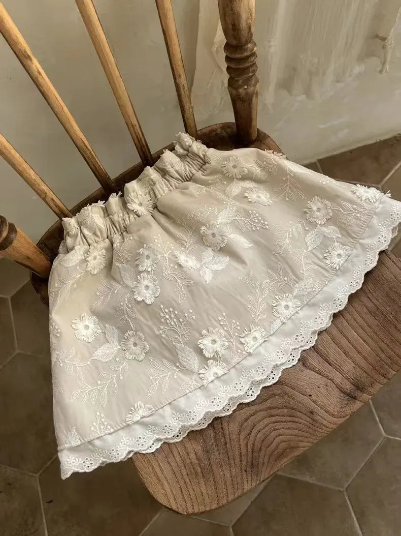 スカート ベビースカート レース チェック フラワー刺繍 Aラインスカート 2カラー【mh0006381】