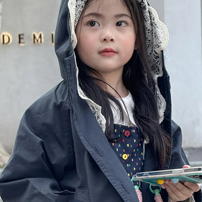 ショートコート・ジャケット・ジャンパー レースフリル付きフードジャケット ゆったりAラインアウター【mh0011057】