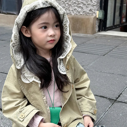 ショートコート・ジャケット・ジャンパー レースフリル付きフードジャケット ゆったりAラインアウター【mh0011057】