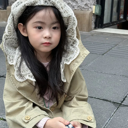 ショートコート・ジャケット・ジャンパー レースフリル付きフードジャケット ゆったりAラインアウター【mh0011057】