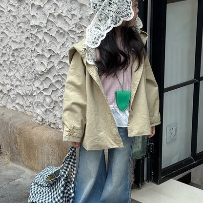 ショートコート・ジャケット・ジャンパー レースフリル付きフードジャケット ゆったりAラインアウター【mh0011057】