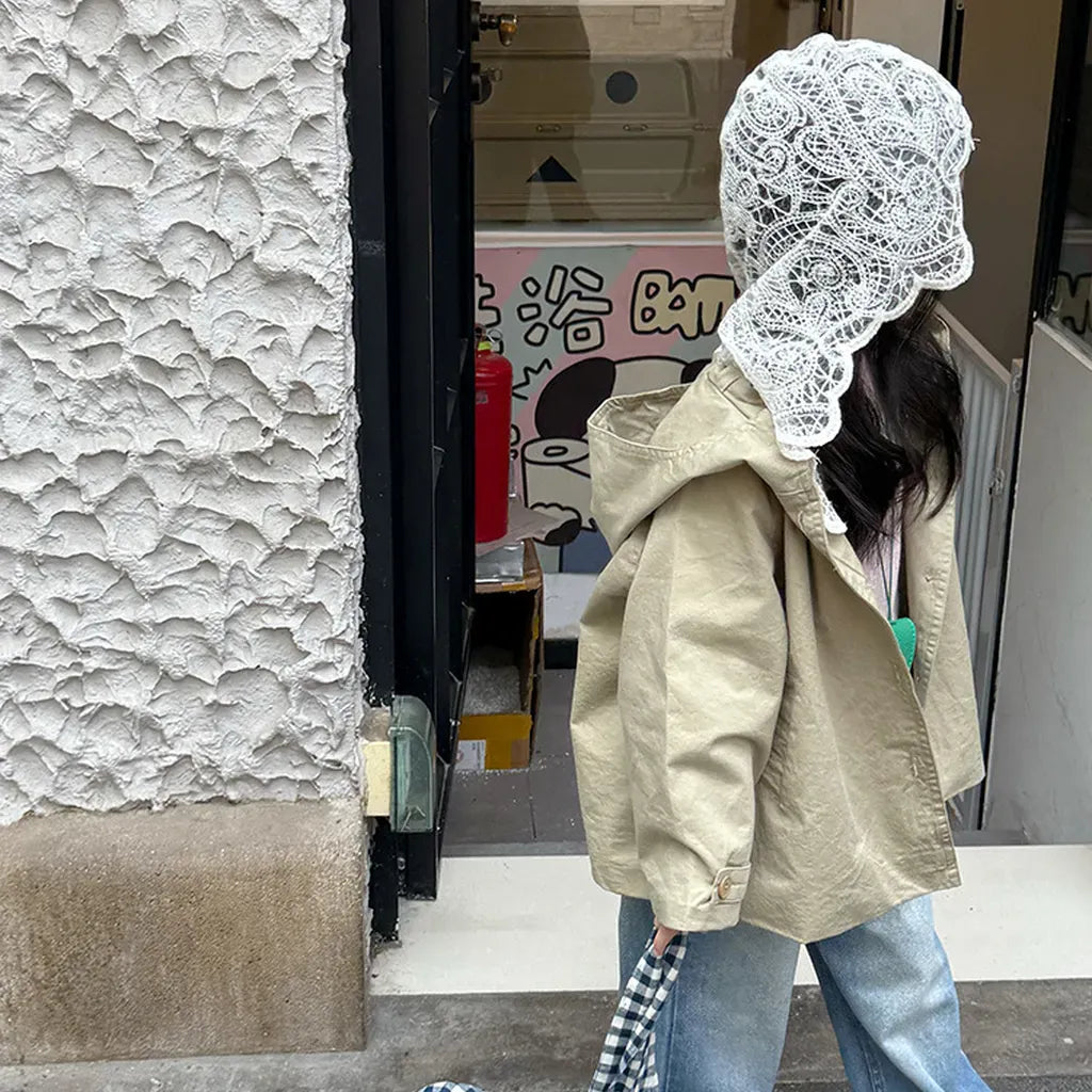 ショートコート・ジャケット・ジャンパー レースフリル付きフードジャケット ゆったりAラインアウター【mh0011057】