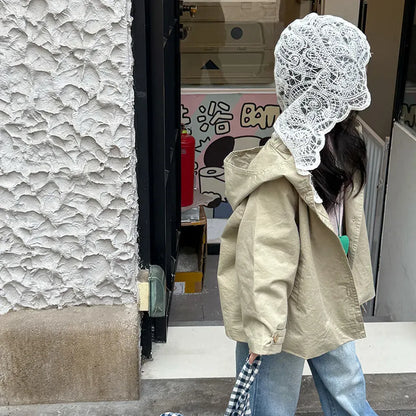 ショートコート・ジャケット・ジャンパー レースフリル付きフードジャケット ゆったりAラインアウター【mh0011057】