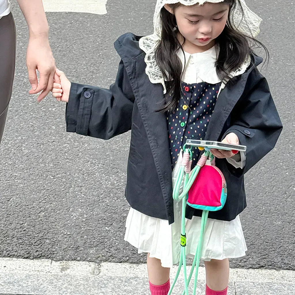 ショートコート・ジャケット・ジャンパー レースフリル付きフードジャケット ゆったりAラインアウター【mh0011057】