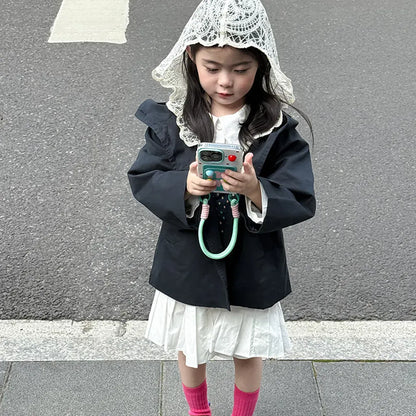 ショートコート・ジャケット・ジャンパー レースフリル付きフードジャケット ゆったりAラインアウター【mh0011057】