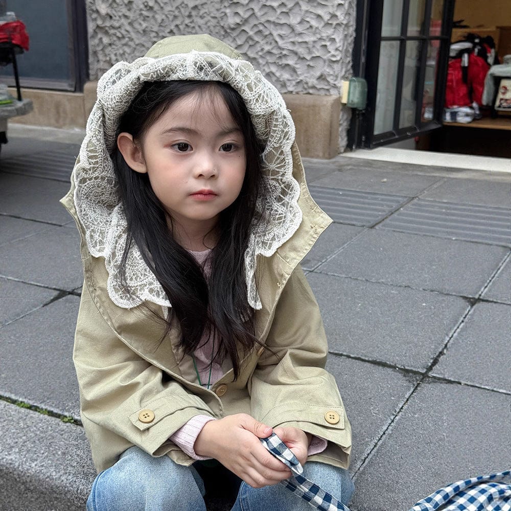 ショートコート・ジャケット・ジャンパー レースフリル付きフードジャケット ゆったりAラインアウター【mh0011057】