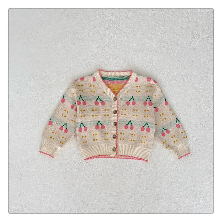 ロンパースセットアップ a piece of sweater / 6M (66cm) ベビーセットアップ 2点セット ニットカーディガンジャケット ノースリーブロンパース サスペンダーロンパース チェリーさくらんぼ柄