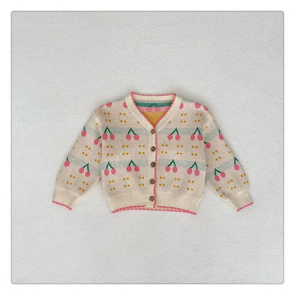 ロンパースセットアップ a piece of sweater / 6M (66cm) ベビーセットアップ 2点セット ニットカーディガンジャケット ノースリーブロンパース サスペンダーロンパース チェリーさくらんぼ柄
