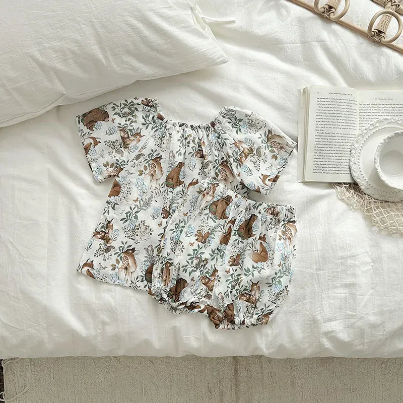 半袖セットアップ Animal forest / 80cm キッズセットアップ 2点セット ダブルガーゼ 半袖スモックブラウス+バルーンショートパンツ ボタニカルプリント ルームウェア 4カラー【mh0004895】