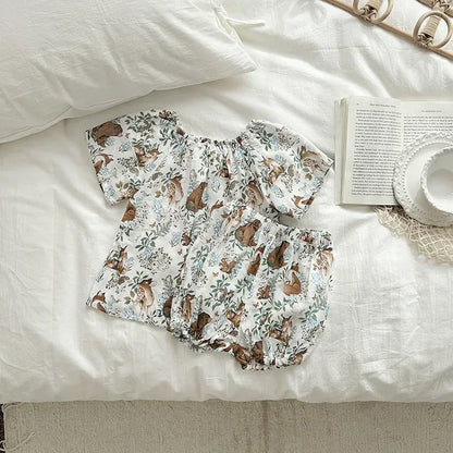 半袖セットアップ Animal forest / 80cm キッズセットアップ 2点セット ダブルガーゼ 半袖スモックブラウス+バルーンショートパンツ ボタニカルプリント ルームウェア 4カラー【mh0004895】