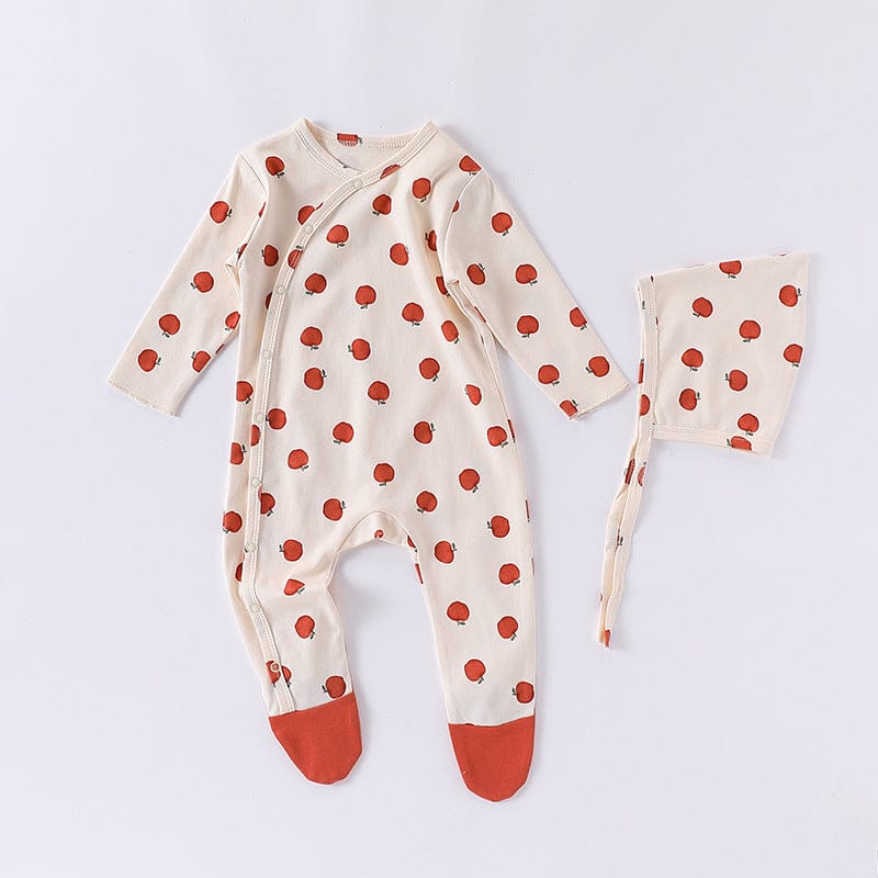 長袖ロンパース Apple Jumpsuit / 66cm どんぐり/梨/りんご足付き長袖肌着ロンパース+ボンネット帽子セット【mh0010743】