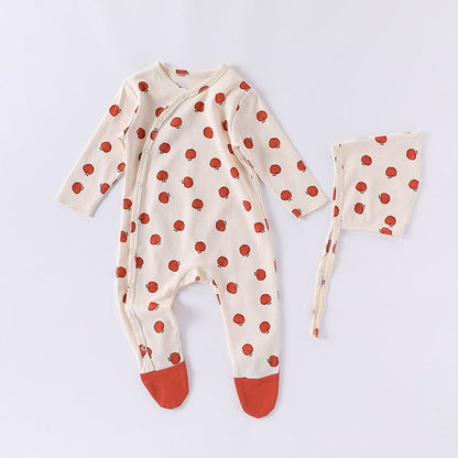 長袖ロンパース Apple Jumpsuit / 66cm どんぐり/梨/りんご足付き長袖肌着ロンパース+ボンネット帽子セット【mh0010743】