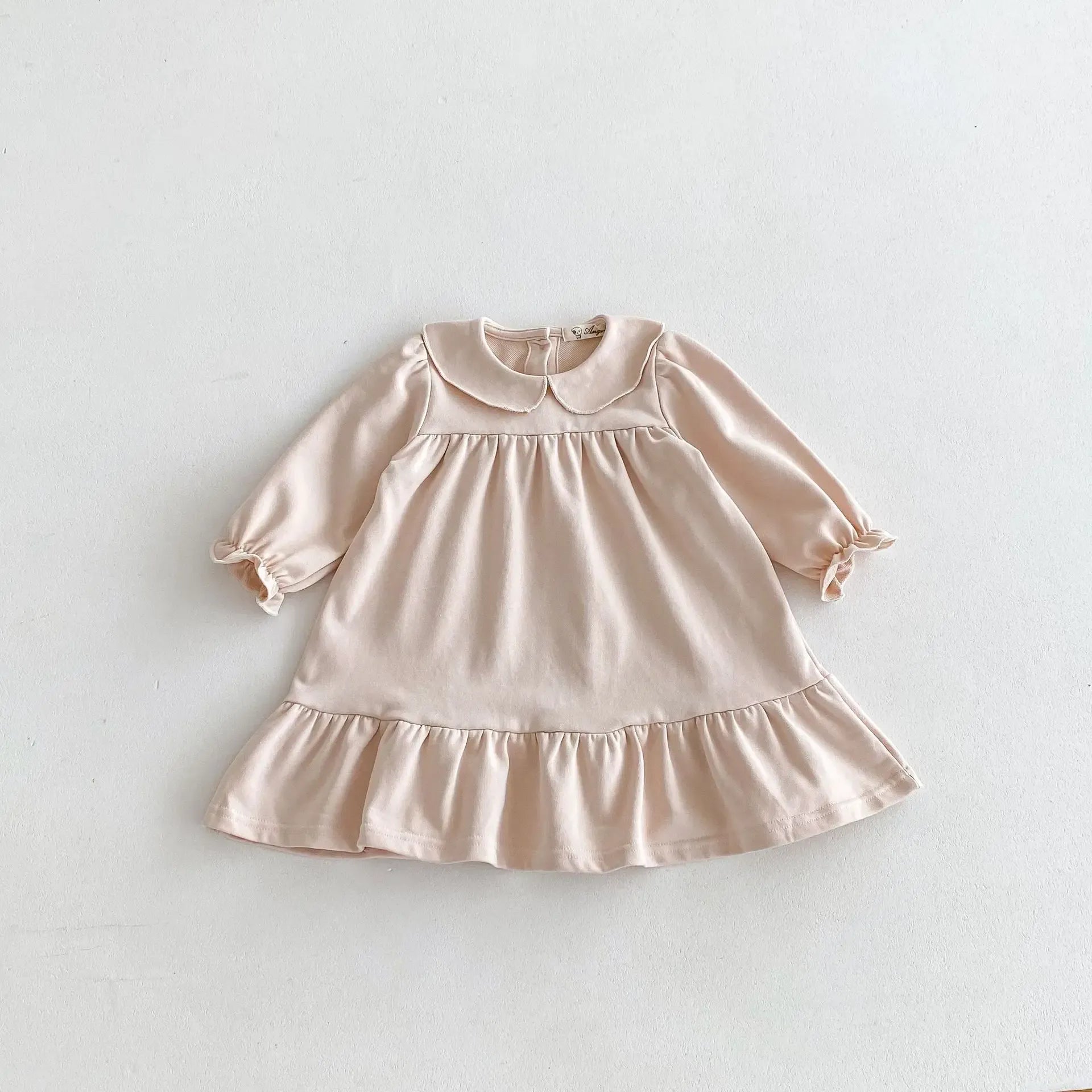 長袖ワンピース apricot / 12M  80CM キッズワンピース 長袖フリル丸襟ワンピース 無地/水玉ドットプリント