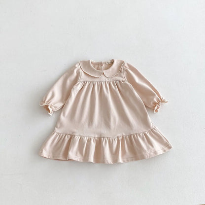 長袖ワンピース apricot / 12M  80CM キッズワンピース 長袖フリル丸襟ワンピース 無地/水玉ドットプリント