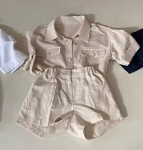 半袖セットアップ apricot / 12M 80cm キッズセットアップ 2点セット 半袖サファリシャツ+ショートパンツ シンプルベーシック 3カラー