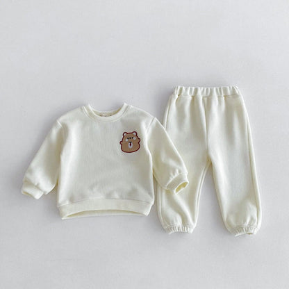 長袖セットアップ apricot / 12M  80CM キッズセットアップ 2点セット スウェットトレーナー+スウェットパンツ アニマル刺繍 4カラー