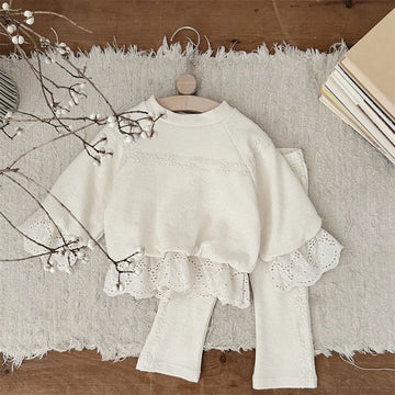 長袖セットアップ Apricot / 12M  80CM ベビーセットアップ 2点セット レースペプラムドッキング長袖スウェットシャツ+フラワー刺繍アクセントロングパンツ アプリコット【mh0007209】