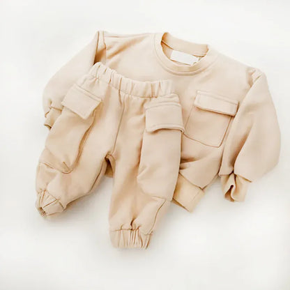 長袖セットアップ apricot / 12M  80CM キッズセットアップ 2点セット フラップポケット長袖スウェットシャツ+ロングスウェットパンツ【mh0008318】