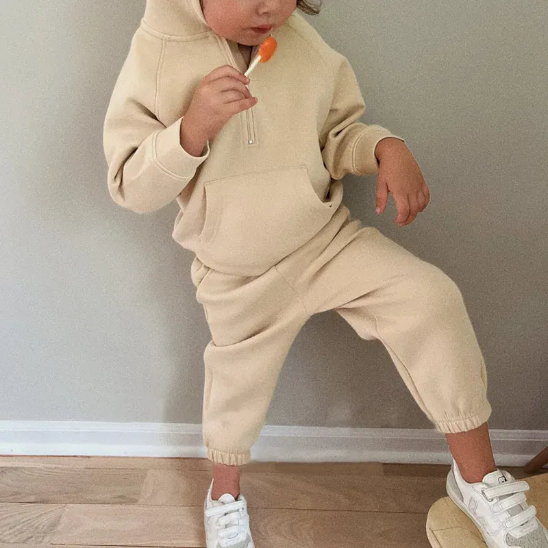 長袖セットアップ Apricot / 12M  80CM キッズセットアップ 2点セット シンプルハーフジップ長袖スウェットシャツ+ロングスウェットパンツ【mh0008357】