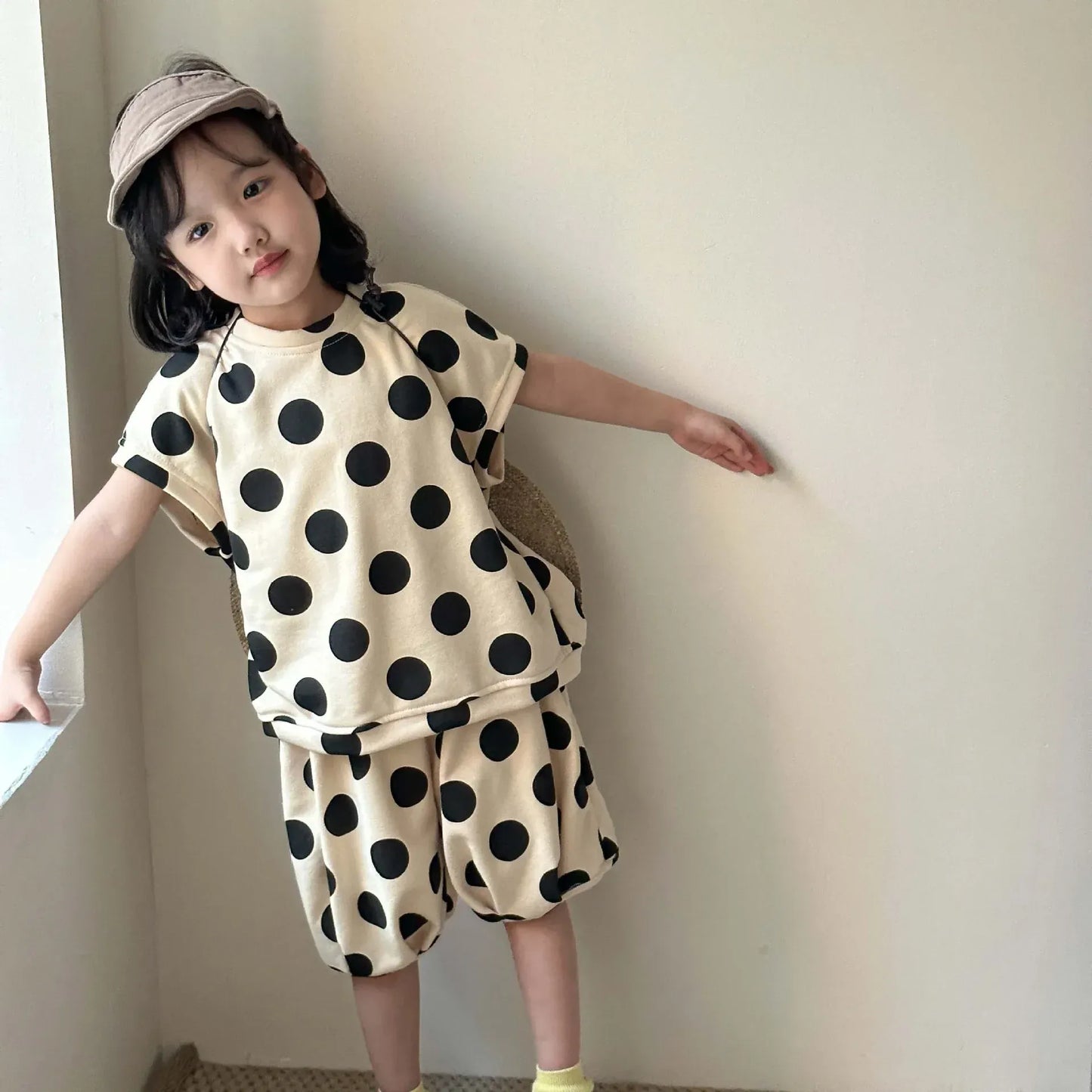 半袖セットアップ apricot / 12M 80cm キッズセットアップ 2点セット 半袖Tシャツ+バルーンショートパンツ 水玉ポルカドットプリント 2カラー
