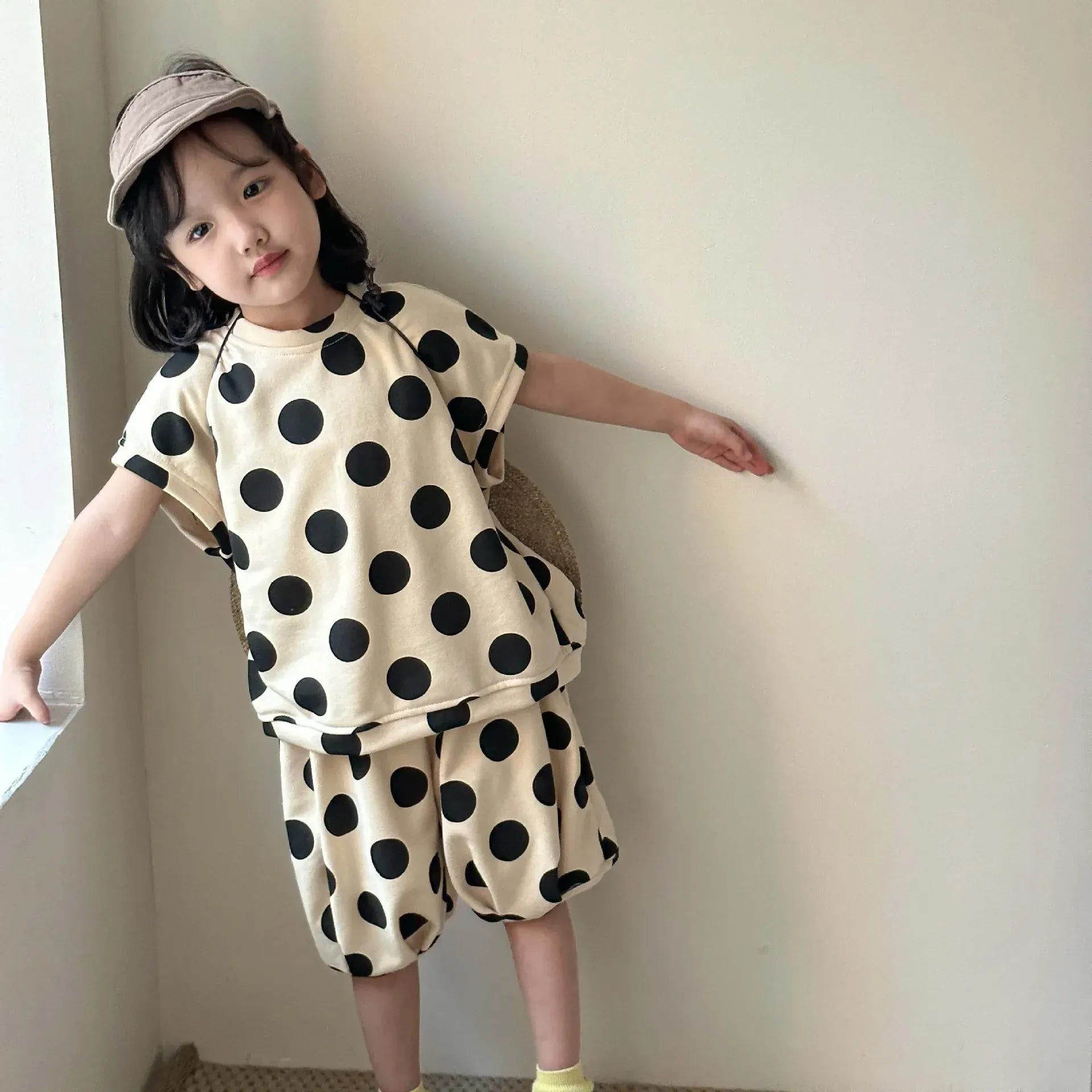 半袖セットアップ apricot / 12M 80cm キッズセットアップ 2点セット 半袖Tシャツ+バルーンショートパンツ 水玉ポルカドットプリント 2カラー