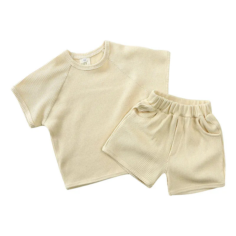 半袖セットアップ apricot / 12M 80cm キッズセットアップ 2点セット ワッフル 半袖Tシャツ+ショートパンツ シンプルベーシック 3カラー