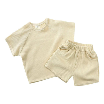 半袖セットアップ apricot / 12M 80cm キッズセットアップ 2点セット ワッフル 半袖Tシャツ+ショートパンツ シンプルベーシック 3カラー