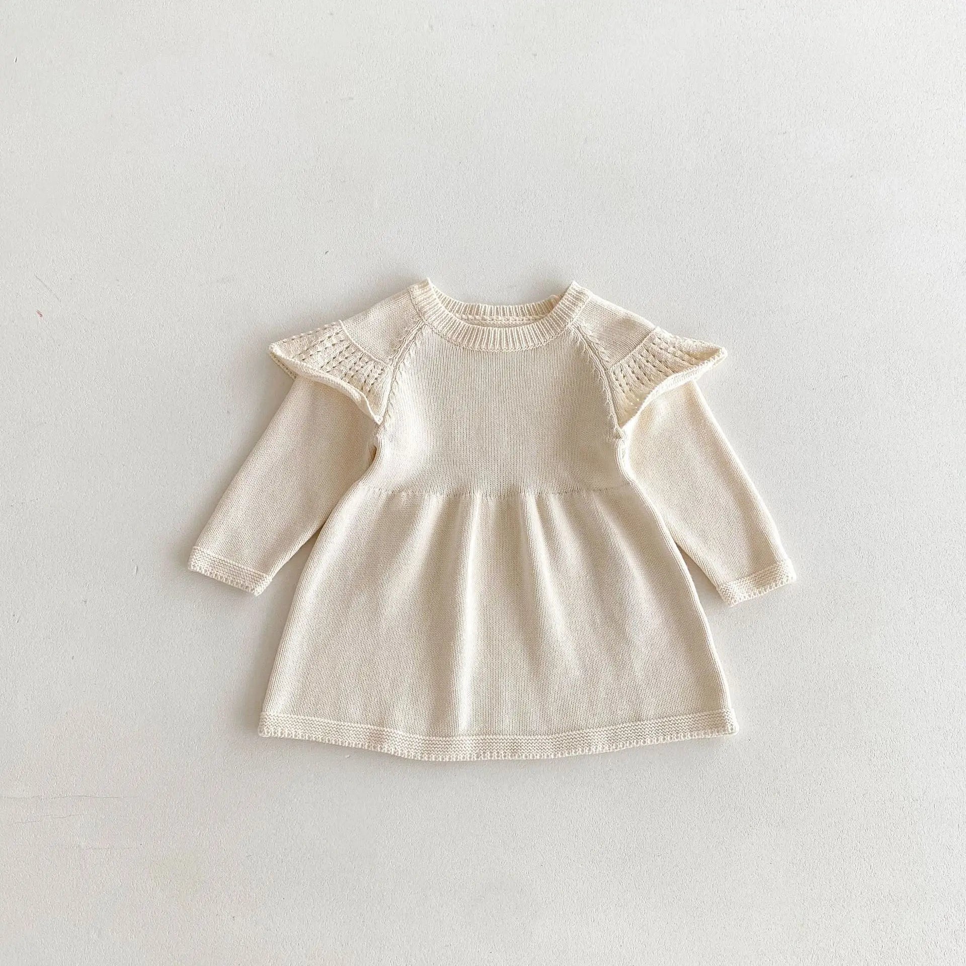 長袖ワンピース apricot / 12M  80CM キッズワンピース ニット長袖ワンピース ショルダーレースキャップフリル 4カラー