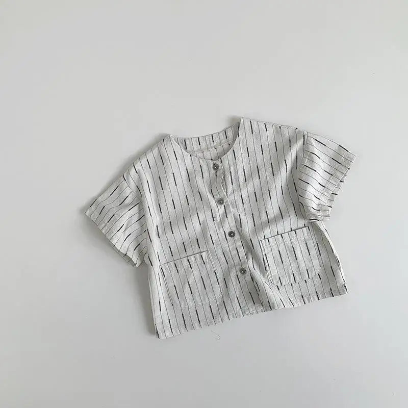 半袖シャツ・ブラウス apricot / 12M  80cm / 取り寄せ（7〜30日） キッズトップス 半袖ノーカラーシャツ ストライプ 2カラー