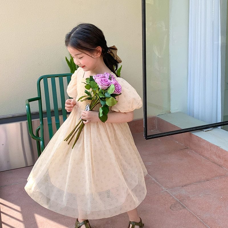長袖ワンピース apricot / 24M/90cm キッズ フラワー 小花柄 シフォン 半袖 パフスリーブ サマードレス パーティ ワンピース アプリコット ガールズ
