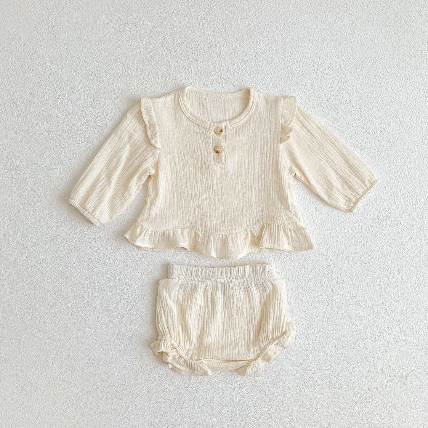 長袖セットアップ Apricot 2pc set / 66cm ベビー セットアップ フラワー 無地 長袖 ブラウス ブルマパンツ ガールズ 2965B