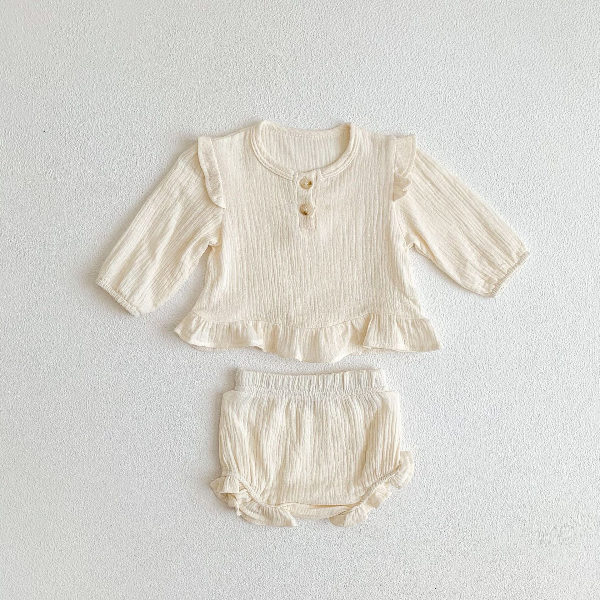 長袖セットアップ Apricot 2pc set / 66cm ベビー セットアップ フラワー 無地 長袖 ブラウス ブルマパンツ ガールズ 2965B