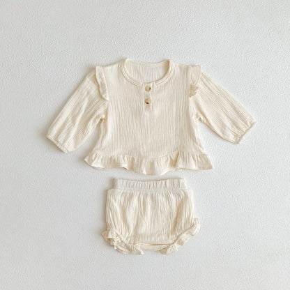 長袖セットアップ Apricot 2pc set / 66cm ベビー セットアップ フラワー 無地 長袖 ブラウス ブルマパンツ ガールズ 2965B