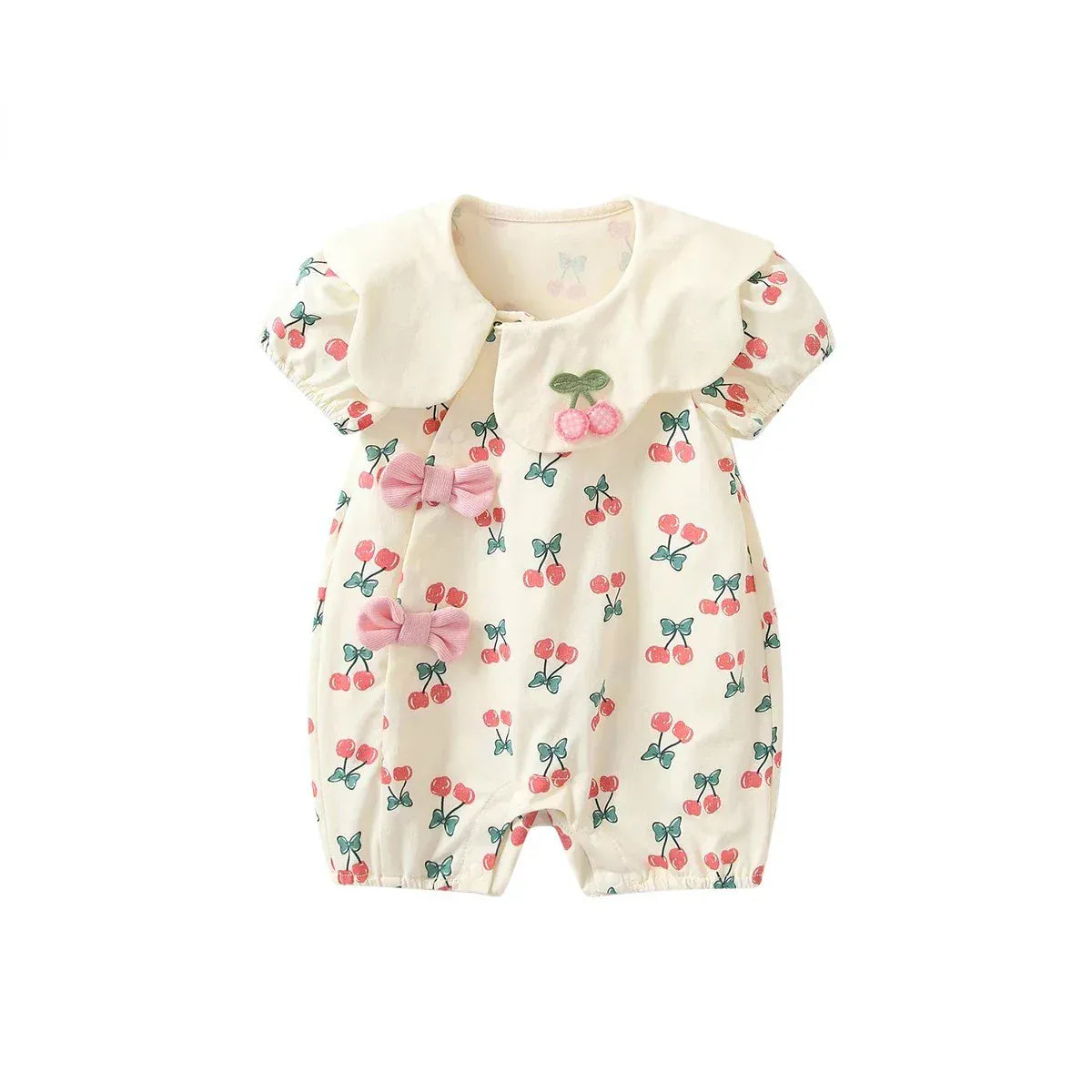 半袖ロンパース Apricot / 66cm 0-2m ベビーロンパース 半袖ジャンプスーツ チェリーさくらんぼプリント