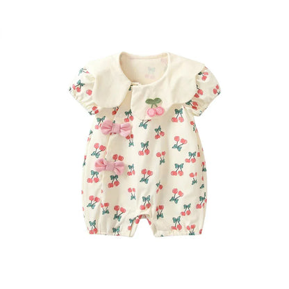 半袖ロンパース Apricot / 66cm 0-2m ベビーロンパース 半袖ジャンプスーツ チェリーさくらんぼプリント