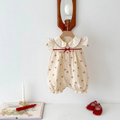 半袖ロンパース Apricot / 66cm 0-6m ベビーロンパース 半袖ジャンプスーツ チェリーさくらんぼプリント フリル