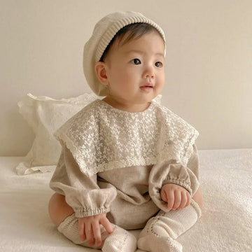 長袖ロンパース Apricot / 66cm 0-6m ベビーロンパース ビッグレース襟 ラペル ショール 長袖ボディスーツ