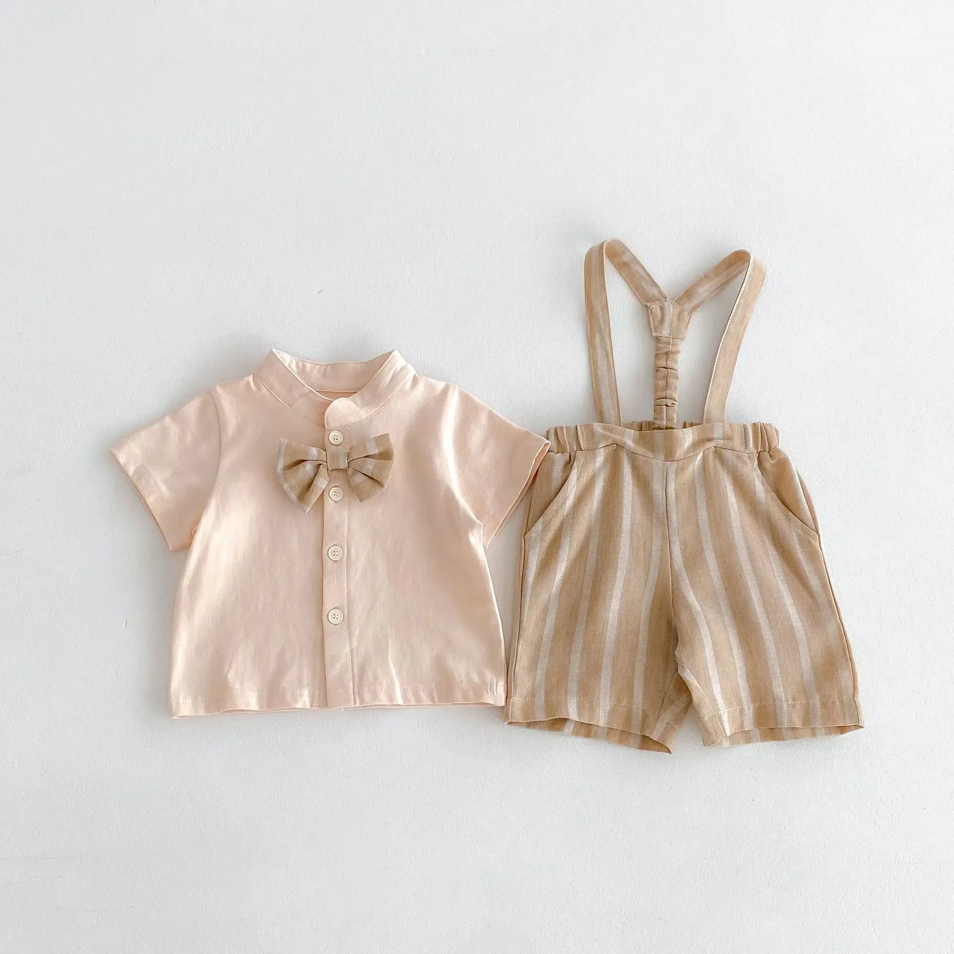 半袖セットアップ Apricot / 66cm 0-6m ベビーセットアップ 2点セット 半袖蝶ネクタイシャツ+ストライプサスペンダーショートパンツ お出かけ 2カラー【mh0005371】