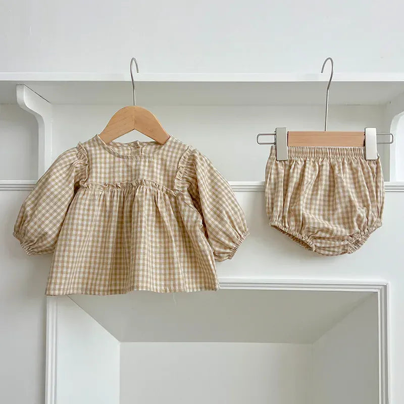 長袖セットアップ Apricot / 66cm 0-6m ベビーセットアップ 2点セット チェック長袖パフスリーブチュニックブラウス+ブルマパンツ 2カラー【mh0007355】