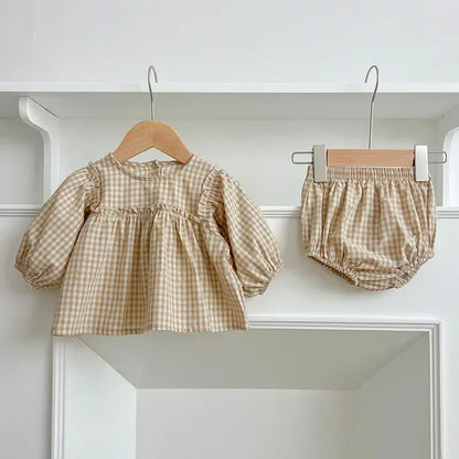 長袖セットアップ Apricot / 66cm 0-6m ベビーセットアップ 2点セット チェック長袖パフスリーブチュニックブラウス+ブルマパンツ 2カラー【mh0007355】
