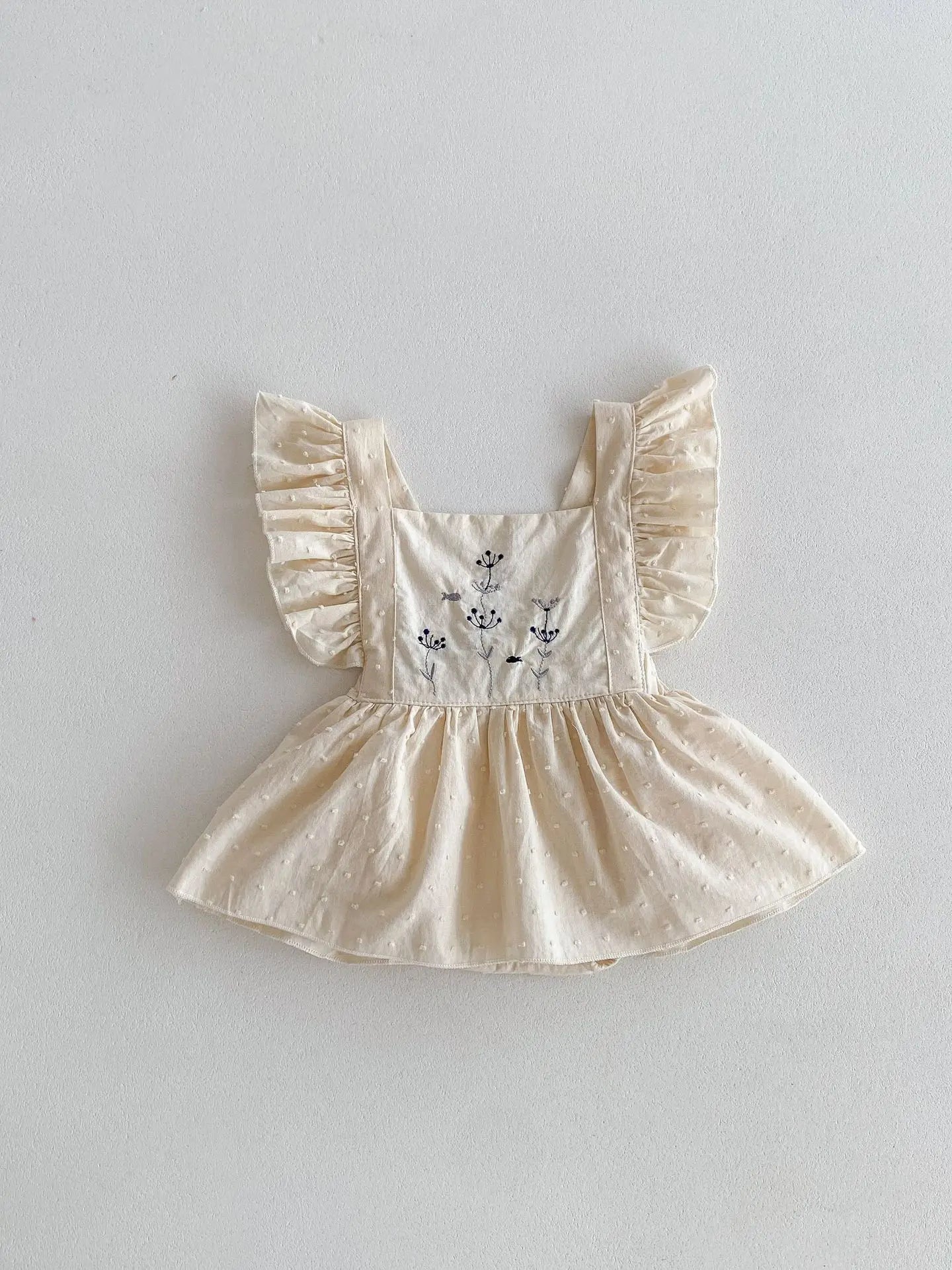 半袖ワンピース Apricot / 66cm 0-6m ベビーロンパース フリルスリーブ ワンピースボディスーツ フラワー花柄刺繍 2カラー【mh0005255】