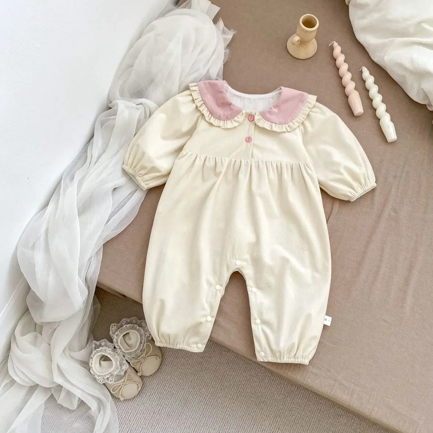 長袖ロンパース Apricot / 66cm 0-6m ベビーロンパース うさ耳フリル襟しっぽ長袖ジャンプスーツ 2カラー【mh0007410】