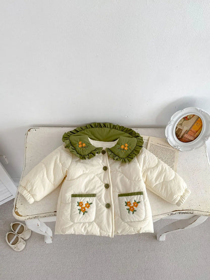 ショートコート・ジャケット・ジャンパー Apricot / 66cm 0-6m ベビーキッズアウター フリルビッグ襟フラワー刺繍キルティングコートジャケット 2カラー【mh0007513】