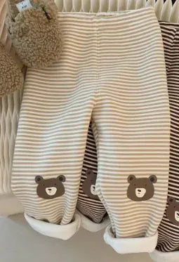レギンスパンツ Apricot / 66cm 0-6m ベビーパンツ ベアくま膝パッチボーダー裏ボアフリースレギンスパンツ 3カラー【mh0007470】